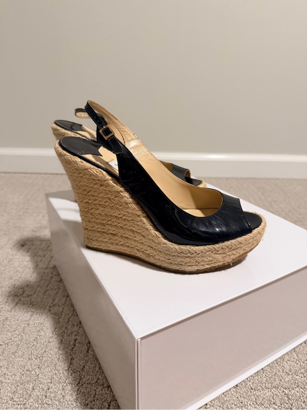 Jimmy Choo Black Patent Leather Espadrille Wedge Slingbacks